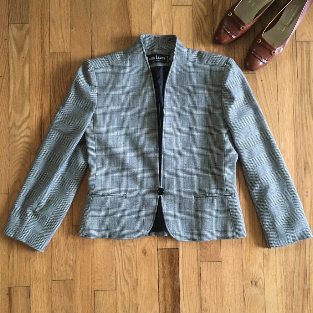 Vintage Black and White Plaid Blazer | Larry Levine | Size S